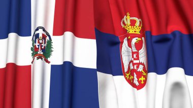 Gerçekçi kumaş dokusuna sahip DOMINICAN Cumhuriyet ve SERBIA bayrakları