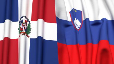 Gerçekçi kumaş dokusuna sahip DOMINICAN Cumhuriyet ve SLOVENIA bayrakları