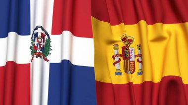 Gerçekçi kumaş dokusuna sahip DOMINICAN Cumhuriyet ve İSPAN bayrakları