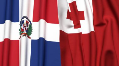 Gerçekçi kumaş dokusuna sahip DOMINICAN Cumhuriyet ve TONGA bayrakları