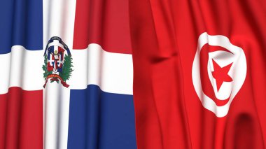 Gerçekçi kumaş dokusuna sahip DOMINICAN Cumhuriyet ve TUNISIA bayrakları