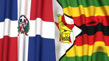 Gerçekçi kumaş dokusuna sahip DOMINICAN Cumhuriyet ve ZIMBABWE bayrakları