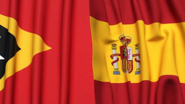 Gerçekçi kumaş dokusuna sahip Doğu TiMOR ve İspanya bayrakları