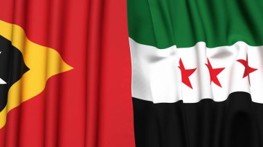 Gerçekçi kumaş dokusuna sahip Doğu TiMOR ve SYRIA bayrakları