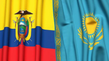 Gerçekçi kumaş dokusuna sahip Ekvador ve KAZAKHSTAN bayrakları