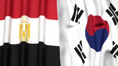 EGYPT ve Kore 'nin güneyinde gerçekçi kumaş dokusuna sahip bayraklar