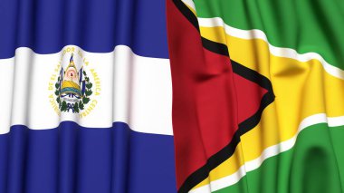 EL SALVADOR ve GUYANA 'nın gerçekçi kumaş dokusuna sahip bayrakları