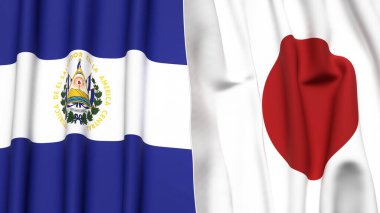EL SALVADOR ve JAPAN bayrakları gerçekçi kumaş dokusuyla
