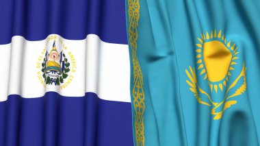 EL SALVADOR ve KAZAKHSTAN bayrakları gerçekçi kumaş dokusuyla