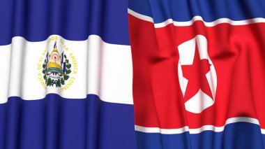 EL SALVADOR ve KOREA North bayrakları gerçekçi kumaş dokusuyla