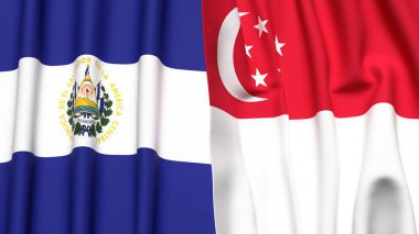 EL SALVADOR ve SINGAPORE bayrakları gerçekçi kumaş dokusuyla