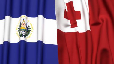 EL SALVADOR ve TONGA 'nın gerçekçi kumaş dokusuna sahip bayrakları