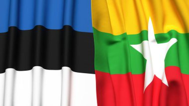 Gerçekçi kumaşlı Estonya ve Myanmar bayrakları