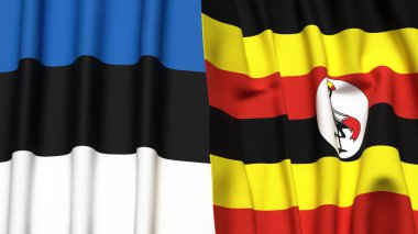 Gerçekçi kumaş dokusuna sahip Estonya ve UGANDA bayrakları
