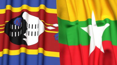 Eswatini ve Myanmar bayrakları gerçekçi kumaş desenli.