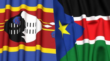 Eswatini ve Güney Sudan bayrakları gerçekçi kumaş desenli.
