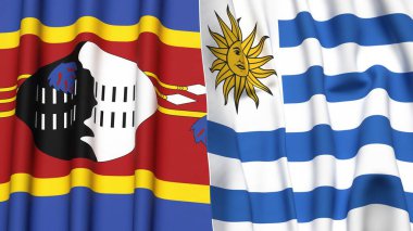 Eswatini ve Uruguay 'ın gerçekçi kumaşlı bayrakları