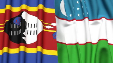 Eswatini ve UZBEKISTAN 'ın gerçekçi kumaş dokusuna sahip bayrakları