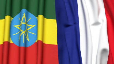 Gerçekçi kumaş dokusuna sahip ETHIOPIA ve FRANCE bayrakları
