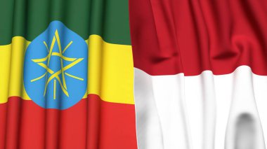 Gerçekçi kumaş dokusuna sahip ETHIOPIA ve INDONESIA bayrakları