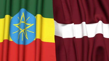 Gerçekçi kumaş dokusuna sahip ETHIOPIA ve LATVIA bayrakları