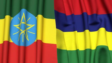 Gerçekçi kumaş dokusuna sahip ETHIOPIA ve MAURITIUS bayrakları