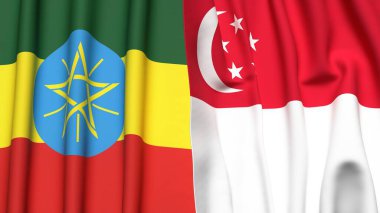 ETHIOPIA ve SINGAPORE bayrakları gerçekçi kumaş dokusuyla