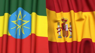 Gerçekçi kumaş dokusuna sahip ETHIOPIA ve İspanya bayrakları