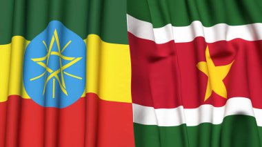 Gerçekçi kumaş dokusuna sahip ETHIOPIA ve SURINAME bayrakları