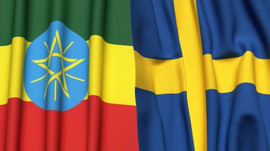 Gerçekçi kumaş dokusuna sahip ETHIOPIA ve SWEDEN bayrakları