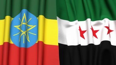 Gerçekçi kumaş dokusuna sahip ETHIOPIA ve SYRIA bayrakları
