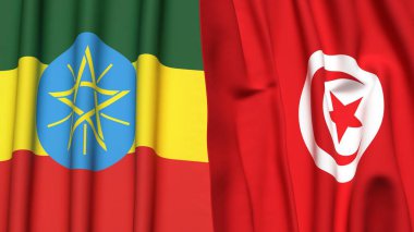 Gerçekçi kumaş dokusuna sahip ETHIOPIA ve TUNISIA bayrakları
