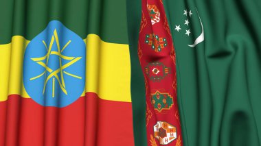 Gerçekçi kumaş dokusuna sahip ETHIOPIA ve Türkmenistan bayrakları