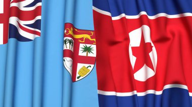 FIJI ve KOREA Kuzey Bayrakları gerçekçi kumaş dokusuna sahip