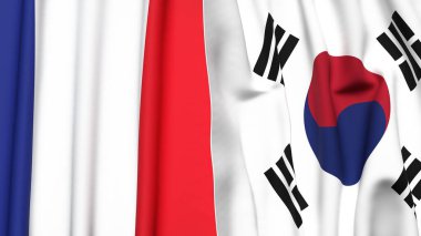 FRANCE Bayrakları ve KOREA GÜNEY Gerçekçi kumaş dokusuyla