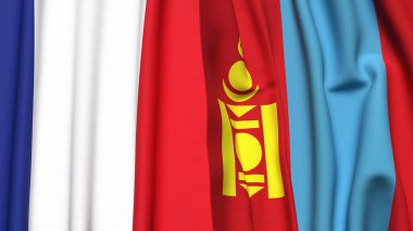 FRANCE Bayrakları ve gerçekçi kumaş dokusuna sahip Mongolya