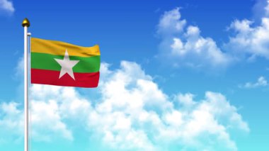 Myanmar Flag 4K 'da Alfa Kanalı ve Gökyüzü Arkaplanı ile dalgalanıyor.