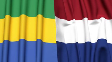 GABON ve NETHERLANDS bayrakları gerçekçi kumaş dokusuyla