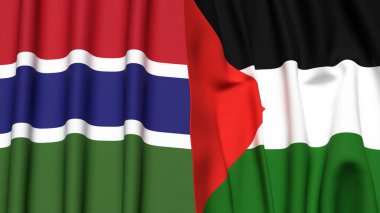 GAMBIA ve Filistin 4k bayrakları gerçekçi kumaş dokusuyla