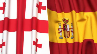 Gerçekçi kumaş dokusuna sahip Gürcistan ve İspanya bayrakları