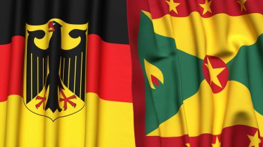 Gerçekçi kumaş dokusuna sahip Alman ve GRENADA bayrakları