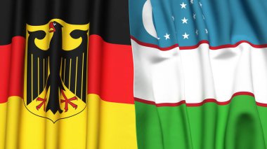 Gerçekçi kumaş dokusuna sahip Alman ve UZBEKISTAN bayrakları