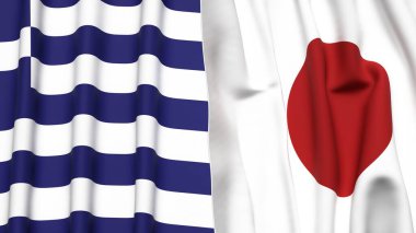 GREECE ve JAPAN bayrakları gerçekçi kumaş dokusuna sahip
