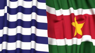 GREECE ve SURINAME bayrakları gerçekçi kumaş dokusuyla