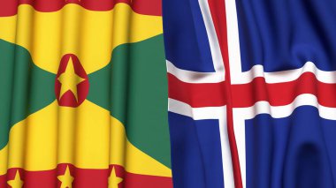 GRENADA ve ICELAND bayrakları gerçekçi kumaş dokusuyla