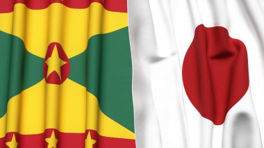 GRENADA ve JAPAN bayrakları gerçekçi kumaş dokusuyla