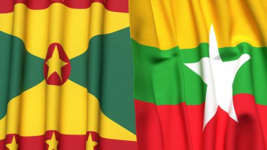 GRENADA ve Myanmar bayrakları gerçekçi kumaş dokusuyla