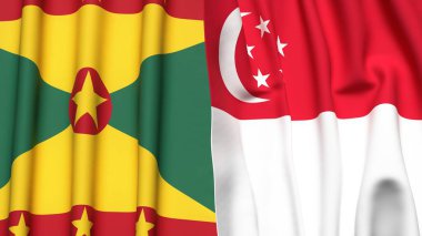 GRENADA ve SINGAPORE bayrakları gerçekçi kumaş dokusuyla