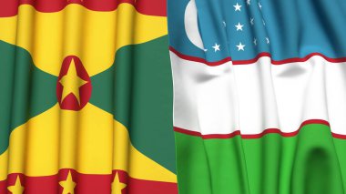 GRENADA ve UZBEKISTAN bayrakları gerçekçi kumaş dokusuyla