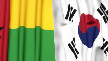 Guinea-BISSAU Bayrakları ve gerçekçi kumaş dokusuna sahip Güney Kore Bayrakları